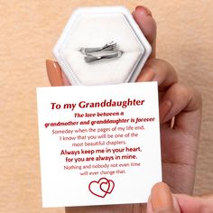 PROMOTION FOR ALL ITEMS 10% off on two or more items purchased Free shipping over $50 Design Interpretation With an inspiring gift card message and beautiful design, this ring is a perfect gift for your granddaughter. It expresses the deep connection and love between a grandmother and granddaughter. Gift your daughter this ring and encourage her with the gift card message. Remind her that she is the best chapter of your life, and nothing will ever change that. Card Content To My Granddaughter The love between a grandmother and granddaughter is forever Someday when the pages of my life end, I know that you will be one of the most beautiful chapters. Always keep me in your heart, for you are always in mine. Nothing and nobody not even time will ever change that. Products Details This package Heart Hug, Hug Ring, To My Granddaughter, You Are Precious, Card Sayings, Gift Bouquet, Need A Hug, Granddaughter Gift, Deep Connection