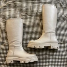 100% Leather Nwot Never Worn, Still Has Shapers In Them White Shaft Circumference 10.5 Inches Casual White Leather Knee-high Boots, White Leather Knee-high Boots With Round Toe, Beige Wide Calf Knee-high Boots With Round Toe, White Wide Calf Boots With Reinforced Heel, Casual White Knee-high Boots With Round Toe, Casual Cream Leather Mid-calf Boots, Casual Cream Mid-calf Leather Boots, Cream Platform Boots With Round Toe, White Leather High-top Mid-calf Boots