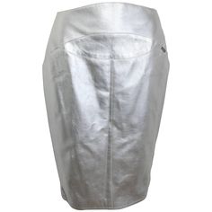 - Vintage Chanel silver metallic lambskin leather knee length pencil skirt from 1999 collection. This sexy and luxury knee length pencil skirt can be worn with many things. The silk lining is always a comfort touch! - Featuring two side pockets. - Back leather zipper closure. - Made in France. - Size 40. - Waist: 26inches. Length: 23inches. - 100% Lambskin. 100% Silk lining. Chanel 1999, Silver Metallic Skirt, Silver Skirt, Knee Length Pencil Skirt, Knee Length Skirt Pencil, Metallic Skirt, Leather Pencil Skirt, Chanel Vintage, Pencil Skirts