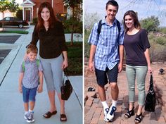 three different pictures of people standing on the sidewalk, one is holding a child's hand