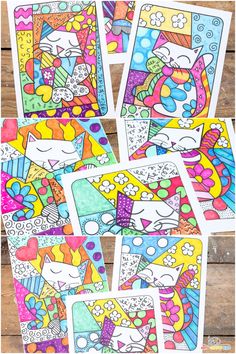 four coloring pages with different designs on them and the words happy birthday written in white