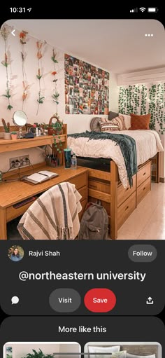 a bed room with a neatly made bed next to a desk