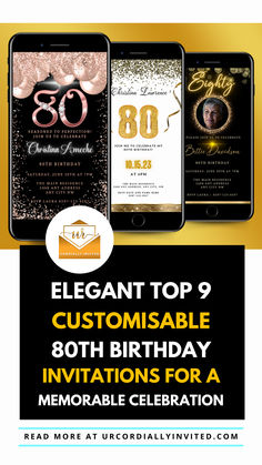 a row of black mobile phones displaying Customisable 80th Birthday Digital Invitation Ideas to Celebrate a special Milestone Elegant Designs, 80th Birthday, Digital Invitation