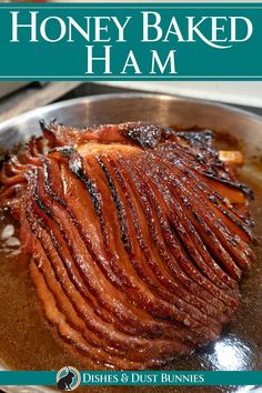 the book cover for honey baked ham is shown in front of a pan with bacon on it