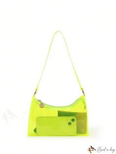 BirdinBag - PVC Neon Green Baguette Bag - Stylish Zippered Clear Bag in Funky Design Trendy Baguette Bag With Zipper For School, Trendy Baguette Bag For School, Green Baguette Mobile Phone Shoulder Bag, Green Rectangular Baguette Bag With Mobile Phone Pocket, Trendy Rectangular Hobo Bag For School, Green Shoulder Baguette Bag With Phone Holder, School Handheld Baguette Bag With Zipper, Trendy Handheld Hobo Bag For School, Large Capacity Square Baguette Bag For School