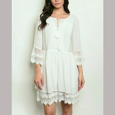 Monoreno Off-White Boho Lace Babydoll Dress *New Boutique Dress For Spring And Summer! Color: Off-White Sizes: S (4-6), M (6-8), L (10-12) Retail $40 Crinkle Semi-Sheer Fabric Front Crochet Inset W/ Faux Button Up Front Gathered Waist Flared Hem With Double Layer Skirt And Crochet Lace Trim 3/4 Length Sleeves Rope Tie At Neckline, Tassel Ends Oversize Loose Fit Mini Dress Size Pictured Is A S S: 36" Bust & Waist, 34" Length M: 38" Bust & Waist, 35" Length L: 40" Bust & Waist, 35" Length White Lace Patchwork Beach Dress, White Ruffled Boho Dress For Beach, White Boho Ruffled Dress For Beach, Flowy Off-white Mini Dress With Lace Trim, Casual White Boho Dress For Daywear, Off White Mini Dress With Lace Trim For Daywear, White Mini Dress With Lace Trim For Daywear, White Lace Patchwork Mini Dress For Vacation, White Lace Trim Mini Dress For Daywear