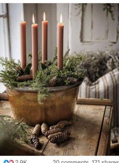 some candles are sitting in a pot with pine cones and greenery on the table