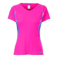 the north face women's t - shirt in neon pink and blue, front view