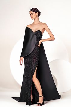 HerTrove-Fully beaded gown with asymmetric cape Black Chiffon Dress, Midi Dress Style, Chiffon Evening Dresses, Simply Chic, Black Evening Dresses, Beaded Gown, Cape Dress, Embroidered Lace, Lebanon