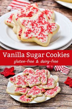 vanilla sugar cookies with red sprinkles and white frosting on a plate