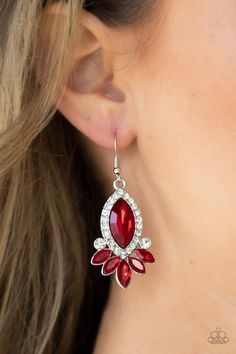 Bordered in glassy white rhinestones, an oversized red gem gives way to a fiery red fringe of marquise cut rhinestones for a fabulous finish. Earring attaches to a standard fishhook fitting.

 Sold as one pair of earrings. Paparazzi Accessories Jewelry, Red Fringe, Red Jewelry, Fish Hook Earrings, Fiery Red, Paparazzi Accessories, Blue Gems, Red Earrings, White Rhinestone