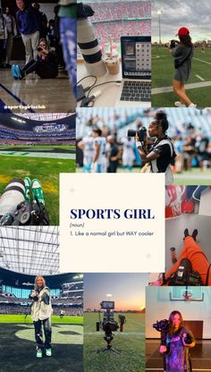 a collage of sports girls with cameras and laptops