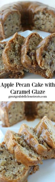 two pictures of apple pecan cake with caramel glaze on the top and bottom