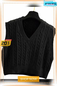 Women's Knitted Temperament Commute Waistcoat Pullover V-neck Vest Sleeveless Top V-neck Sweater Vest For Fall, Sleeveless Knitted Vest For Fall, Knitted Sleeveless Vest For Fall, Winter Sleeveless Knit Sweater Vest, Winter Knit Sleeveless Sweater Vest, Knit Sleeveless Sweater Vest For Winter, Sleeveless Fall Sweater Vest, Casual Sleeveless V-neck Sweater For Fall, Black Knitted Sleeveless Sweater Vest