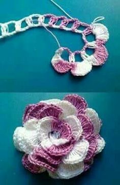 crocheted flower and chain on blue background