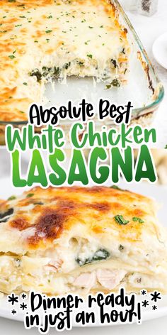 a white chicken lasagna on a plate with the title above it