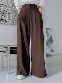 Coffee Brown  Collar  Fabric Plain Wide Leg Embellished Slight Stretch All Women Clothing Brown Palazzo Pants Outfit, Bridesmaids Pants, Dark Academia Pants, Shein Aesthetic, Slant Pocket Pants, Wide Leg Suit Pants, Women Suit Pants, Palazzo Pants Outfit, High Waist Wide Leg Pants