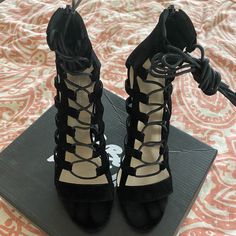 Public Desire Strappy Lace Up Heels - Size 7 - Brand New/Unworn With Box!! Laced High Heels In Synthetic Material, Synthetic High Heels With Laces, 4-inch Heel Lace-up Heels For Night Out, Lace-up Heels For Night Out With 4-inch Heel, Lace-up Heels With 4-inch Heel For Night Out, 4-inch Lace-up Heels For Night Out, Medium Width Lace-up Platform Heels, Lace-up Heels With Heel Strap And Medium Width, Lace-up Heels With Wrapped Heel For Night Out