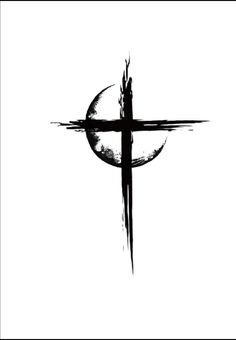 a black and white image of a cross with the moon in the distance behind it