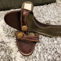 Stunning Via Spida Slip On Sandals. New With Tag, Bought It About A Year Ago, Unfortunately A Little Tight On Me That's Why I Never Wore It. Beautiful Bronze Color Rhinestones Detailing. No Stones Missing, No Rips, Only Small Silver Stain On The Side From Other Shoes In Closet. Not Even Noticeable. Bronze/Brown Color. No Returns. Brown Slip-on Party Heels, Brown Flat Heel Party Flats, Brown Flats With Flat Heel For Party, Brown Slip-on Heels For Party, Brown Party Flats, Brown Low Heel Sandals For Party, Open Toe Synthetic Party Flats, Brown Low Heel Party Sandals, Open Toe Synthetic Flats For Party