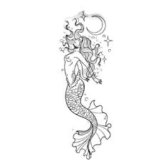 a black and white drawing of a mermaid