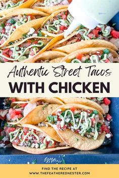 authentic street tacos with chicken in a blue tray and text overlay that reads authentic street tacos with chicken