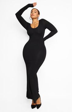 Shapellx® | Live. Laugh. Xpress Sleek Stretch Bodycon Dress With Flattering Silhouette, Flattering Stretch Midi Dress With Long Sleeves, Elegant High Stretch Dress, Sleek Stretch Solid Color Midi Dress, Solid Stretch Smoothing Dresses, Solid Stretch Dress With Smoothing Details, Chic Stretch Maxi Dress With Scoop Neck, Long Solid Stretch Dress, Long Stretch Solid Color Dress