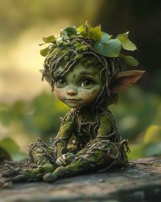 a green fairy doll sitting on top of a rock next to leaves and ivys