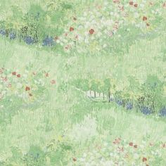 an image of a field with flowers and trees in the background on a wallpaper