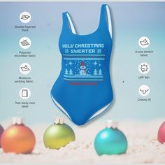 Bring some holiday cheer to the beach or pool with this fun and festive one-piece swimsuit for women! Inspired by the classic Ugly Christmas Sweater, this swimsuit offers a humorous and stylish twist on holiday wear. Perfect for family vacations, beach days, or poolside lounging, this swimsuit features a cheeky fit, scoop neckline, and a low scoop back to highlight your best features. The chlorine-resistant, smooth fabric provides all-day comfort, while the four-way stretch ensures it moves with Blue Swimwear For Holiday Beach Season, Fitted One-piece Swimwear For Holiday, Fitted Swimwear For Beach Season Holiday, Casual Swimwear For Holiday Beach Season, Casual Swimwear For Beach Season Holiday, Funny Ugly Christmas Sweater, Ugly Christmas Sweater Women, Ugly Christmas Sweater Funny, Holiday Wear