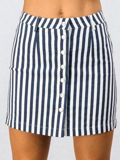 Strut Your Stuff in this Navy Blue and White Stripe Button Down Skirt 64% COTTON 33% POLY 3% SPANDEX The Struts, White Stripe, Short Dresses, Navy Blue, Blue And White, Spandex, Womens Shorts, Skirt, Navy