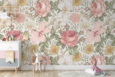 a floral wallpaper with pink, yellow and green flowers on a white background in a child's room