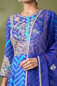 Blue anarkali with leheriya print and gota floral and bird embroidery on the yoke. Paired with a printed sharara and embroidered dupatta. - Aza Fashions Printed Sharara, Kurta And Dupatta, Blue Anarkali, Blue Kurta, Embroidered Anarkali, Embroidered Dupatta, Bird Embroidery, Sharara Set, Set For Women