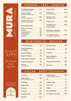 the menu for mura restaurant, which is located in an orange and white color scheme