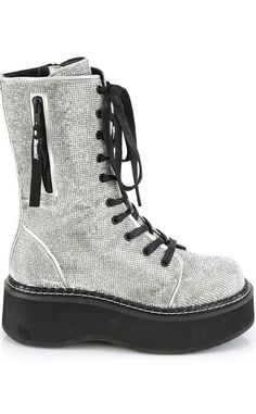 Here are a series of boots for true fans of the Chunk™. A thick platform to keep you comfy and tall as you stomp through the crowds. These babies are covered in silver, glittery rhinestones for that xxxtra flare! Vegan Silver PU leather. Rhinestones 2 inch platform Zip Decal Inner Zip closure Calf boot Lace up U.S women's sizing-refer to size chart for more info Rhinestone Combat Boots, Hologram Shoes, Emo Boots, Demonia Boots, Alternative Shoes, Goth Boots, Demonia Shoes, Festival Shoes, Pink Platforms