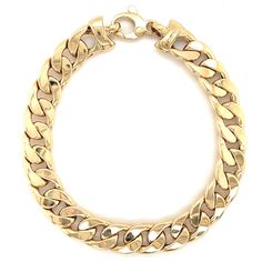 Our 14k yellow gold Italian made flat Cuban link bracelets come in 3 widths. Item Information Metal: 14K Gold Approx. Weight: S - 5g (semi-hollow) M - 5.9g (semi-hollow) L - 10.4g (semi-hollow) Link Size: S - 5.5mm M - 6.3mm L - 8.9mm Clasp: Lobster Clasp Chain Length: 7" Classic Cuban Link Bracelet With Polished Finish, Elegant Cuban Link Bracelet With Solid Construction, Elegant Gold Curb Chain Bangle Bracelet, Elegant Yellow Gold Cuban Link Chain Bracelet, Classic Cuban Link Chain Bracelet For Formal Occasions, Classic Round Cuban Link Bracelet With Polished Finish, Classic Cuban Link Bracelet With Jubilee Details, Modern Gold Chain Cuban Link Bracelet For Formal Occasions, Timeless Formal Bracelet With Curb Chain