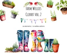 watercolor clipart vol 2 - farm wellies and potted succulents