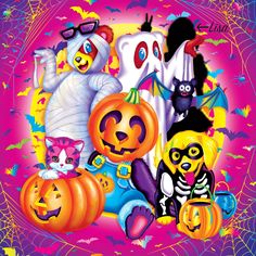 a group of cartoon characters with pumpkins and ghost's on halloween night in front of a purple background