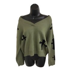 Olive Army Green V-Neck Black Cross Printed Long Sleeve Sweater Size Xl New Slouchy Fit Ribbed V-Neckline 2818 A281 Beautiful Olive Green V-Neck Black Cross Printed Long Sleeve Sweater Size Xl New Edgy V-neck Top For Winter, Edgy Green Tops For Fall, Black Cross, Sleeve Sweater, Black Green, Army Green, Long Sleeve Sweater, New Color, Olive Green