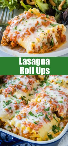 lasagna roll ups with cheese and sauce in a blue casserole dish