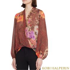 Kobi Halperin's Floral And Paisley Print Cleo Blouse Flaunts A V-Neck, Long Sleeves, And Back Pleats. Details V-Neck Long Raglan Blouson Sleeves Elasticized Cuffs Back Inverted Pleats Relaxed Fit Pullover Style Polyester 100% Polyester Dry Clean Imported Size & Fit About 22.25" From Shoulder To Hem Model Measurements: 5'10" Tall Model Is Wearing A Us Size 4 Kobi Halperin, Draped Blouse, Bergdorf Goodman, Papaya, Paisley Print, Pullover Styling, Sleeve Blouse, Paisley, Tops Designs