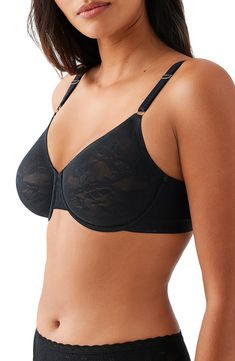 Soft and stretchy floral lace covers the unlined cups and smooth band of a lightweight-yet-powerful bra designed to lift the bustline up to one inch. 57% nylon, 43% spandex Hand wash, dry flat Imported Fitted Lace Bra With Medium Bust Support, Lace Nursing Bra Full Coverage Fitted, Lace Nursing Bra Full Coverage, Fitted Lace Nursing Bra With Full Coverage, Elegant Fitted Nursing Bra With Lace Closure, Full Coverage Fitted Bra With Lace Closure, Fitted Lace Nursing Bra With Medium Bust Support, Fitted Full Coverage Bra With Lace Closure, Unlined Bra