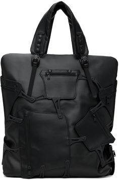 Faux-leather tote in black. Zip pockets throughout. · Adjustable twin carry handles · Zip closure · Zip and patch pockets at interior · Twill lining · H18.5 x W17 x D5 Part of the Junya Watanabe x Innerraum collaboration. Supplier color: Black Mens Bags Fashion, Zip Tote, Junya Watanabe, Mens Leather Bag, Mens Leather, Leather Tote, Leather Men, Patch Pocket, Leather Bag