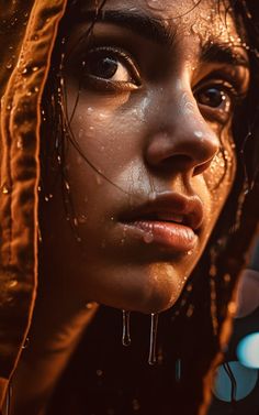 a woman with water on her face and hood over her head, looking into the distance