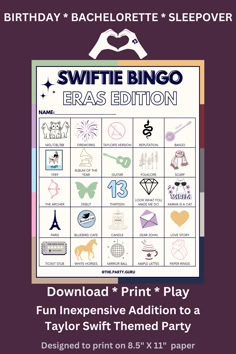 a birthday card with the words swiffie bingo and other items on it