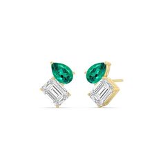 An excellent pair for everyday or special occasion wear, these earrings provide the perfect amount of sparkle to match your modern style. The stud earrings feature a Created Emerald pear and an emerald-cut diamond sitting side by side on pronged baskets. Expect these studs with screw-back closure to infuse a hint of geometric glamour into any ensemble. Sitting Side By Side, Gorgeous Engagement Ring, Diamond Stud Earrings, Cluster Earrings, Emerald Gemstone, Diamond Stud, Emerald Cut Diamonds, Side By Side, Lab Diamonds