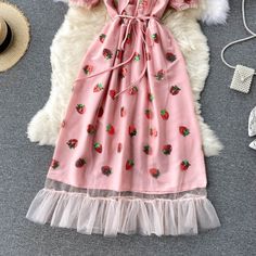 Pink v neck strawberry A line dress fashion dress Material: blended Color: pink Size(cm): S, M, L, XL, 2XL S length 120 bust 86 waist 68 M length 121 bust 90 waist 72 L length 122 bust 94 waist 76 XL length 123 bust 98 waist 80 2XL length 124 bust 102 waist 84 Sequin Mesh Dress, Women Outfits, Line Dress, Mesh Dress, Dress Fashion, Xl Dress, Dress Materials, Tulle Skirt, A Line Dress