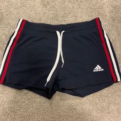 Suuper Comfy Navy Blue Adidas Sweatshorts, Red Blue And White Stripes, Never Worn, Perfect Condition Navy Blue Adidas, Shorts Adidas, Adidas Shorts, Blue Adidas, Shorts Athletic, Athletic Shorts, Adidas Women, Red Blue, White Stripe