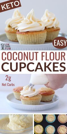 coconut flour cupcakes with white frosting on top and the words easy to make