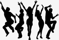 four silhouettes of people jumping in the air with their arms up and hands raised